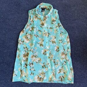 Metaphor Blouse Womens XL Blue Floral Sheer Chiffon Sleeveless Button Front Top